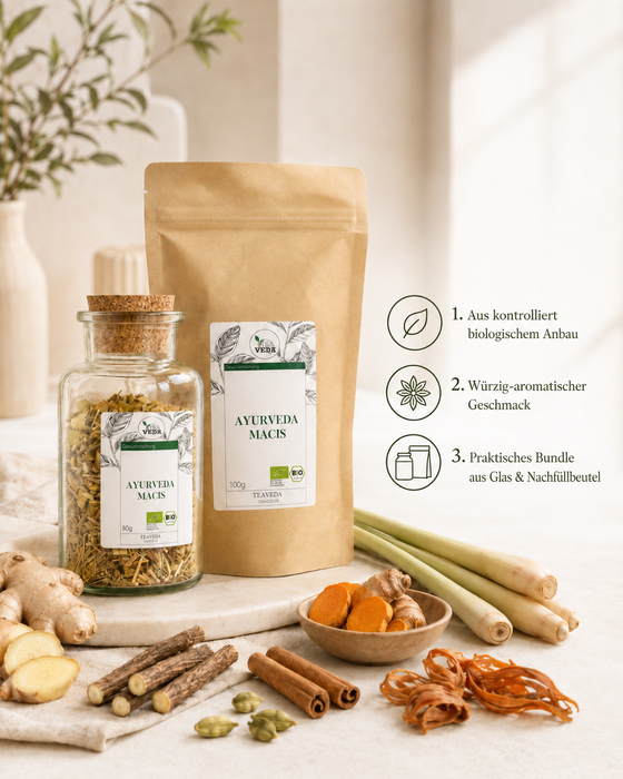 Ayurveda Bio Macis – frisch aufgebrühter Tee in der Teetasse