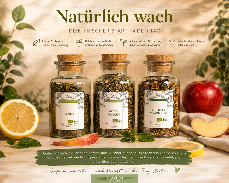 Natürlich wach – loser Tee von TeaVeda in der Vorratsdose