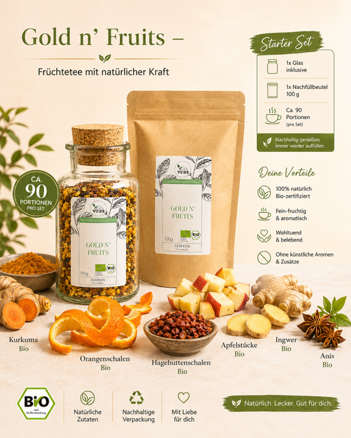 Starter-Set Gold n Fruits von TeaVeda – Tee-Starter-Set mit Zubehör
