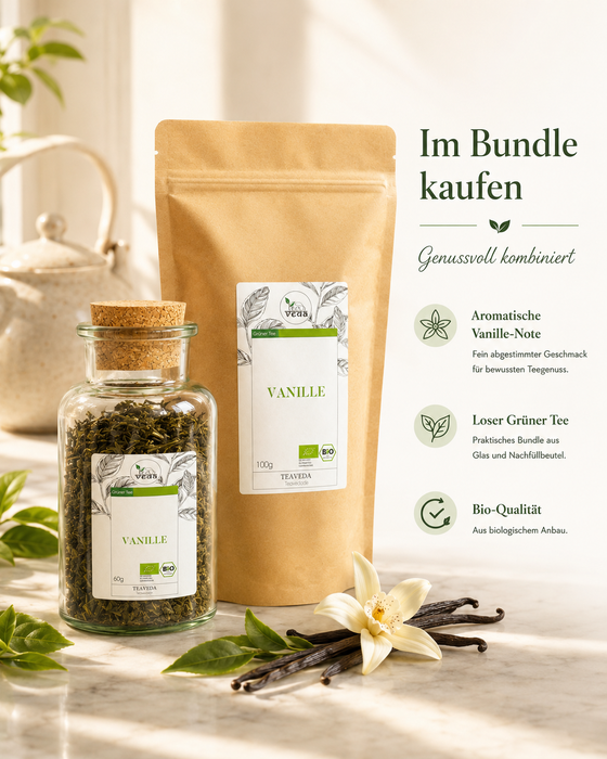 Grüner Tee Vanille – frisch aufgebrühter Tee in der Teetasse