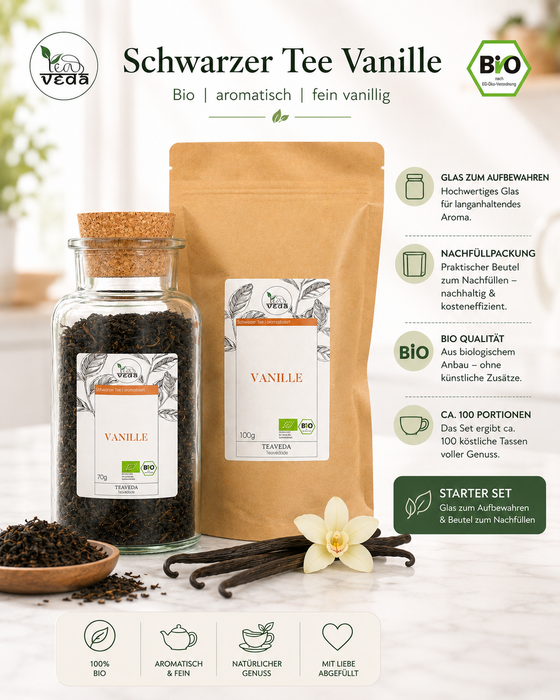 Starter-Set Schwarzer Tee Vanille von TeaVeda – Tee-Starter-Set mit Zubehör