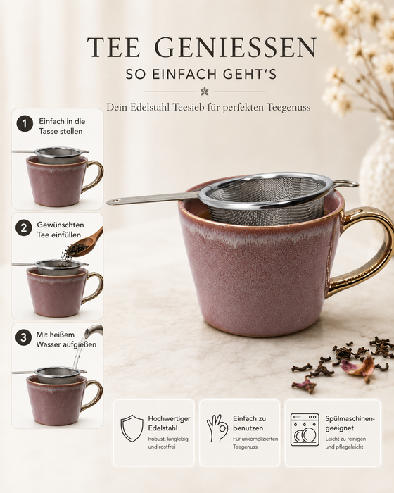 Edelstahl-Teesieb – TeaVeda Teezubehör in der Nahaufnahme
